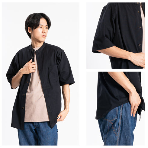 【日本製】 シャツ メンズ 半袖 大きいサイズ ワンポケット 無地 バンドカラー オーガニックコットン 綿100% ブラック(FL24SS-001-bk)